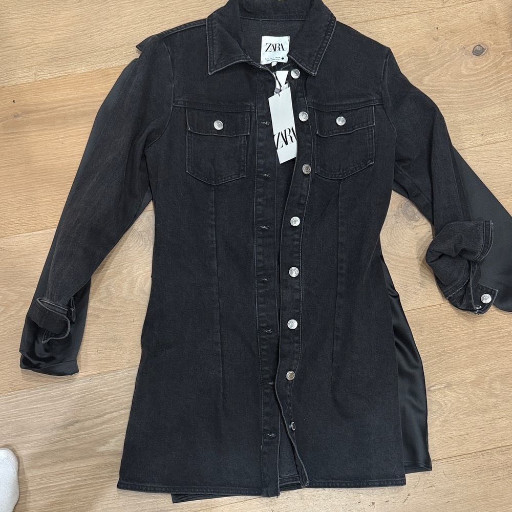 Zara Black Longline Denim Shirt Jacket